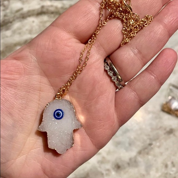 Hamsa Hand Evil Eye Druzy Necklace - Picture 2 of 3